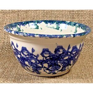 Small Pottery Serving Bowl Blue Sponge Painted Flower Hyacinth or Lupin 4" dia